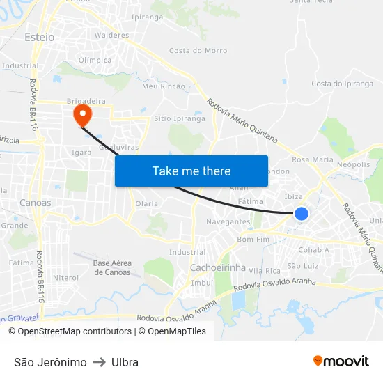 São Jerônimo to Ulbra map