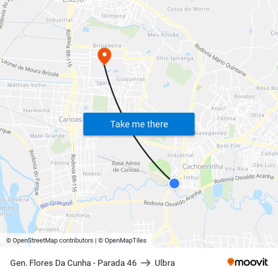 Gen. Flores Da Cunha - Parada 46 to Ulbra map