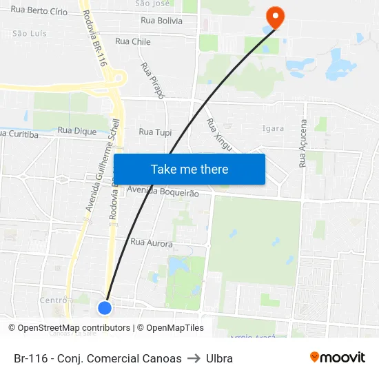 Br-116 - Conj. Comercial Canoas to Ulbra map