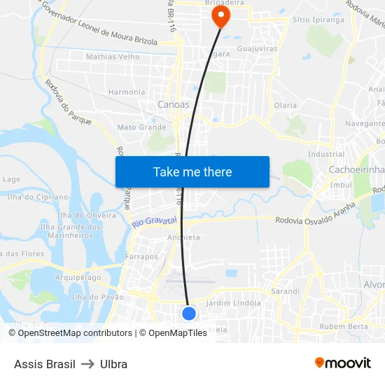 Assis Brasil to Ulbra map