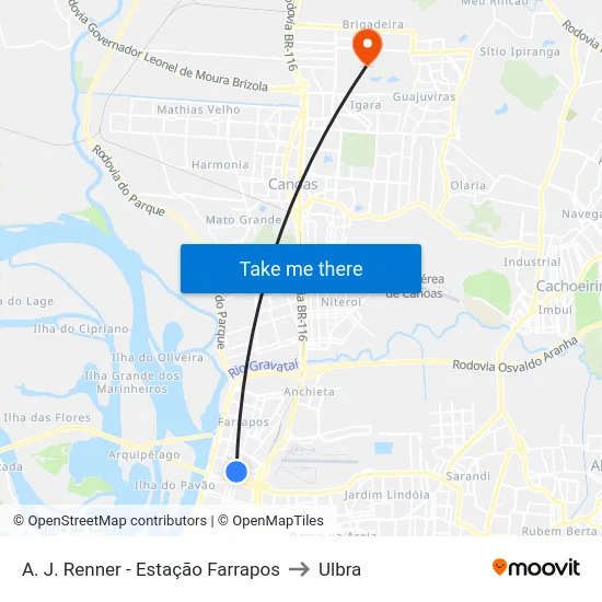 A. J. Renner - Estação Farrapos to Ulbra map