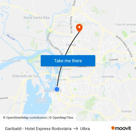 Garibaldi - Hotel Express Rodoviária to Ulbra map