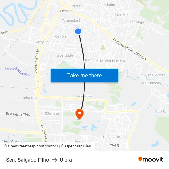 Sen. Salgado Filho to Ulbra map