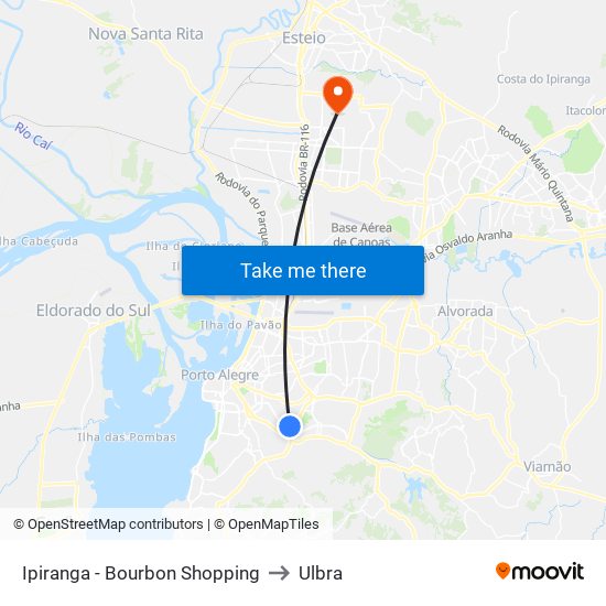 Ipiranga - Bourbon Shopping to Ulbra map