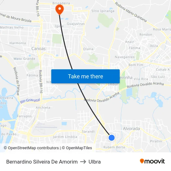 Bernardino Silveira De Amorim to Ulbra map