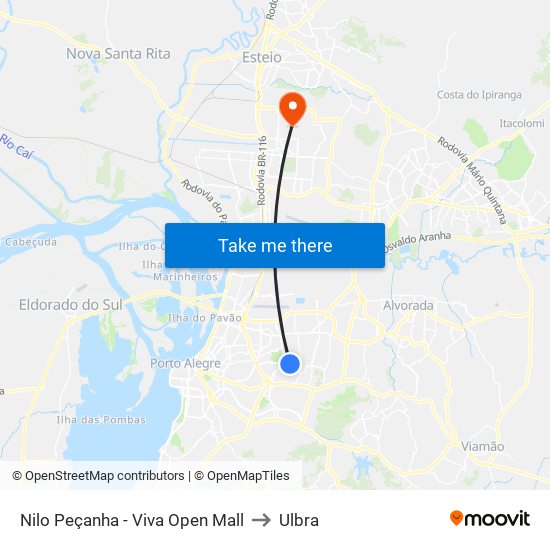 Nilo Peçanha - Viva Open Mall to Ulbra map