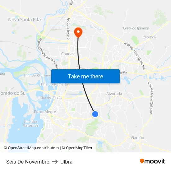 Seis De Novembro to Ulbra map
