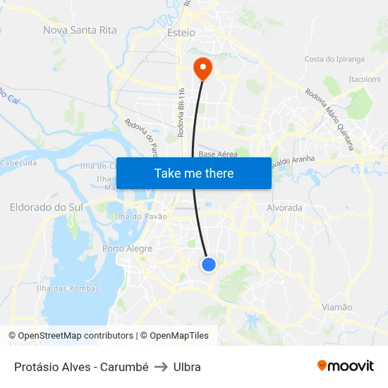 Protásio Alves - Carumbé to Ulbra map