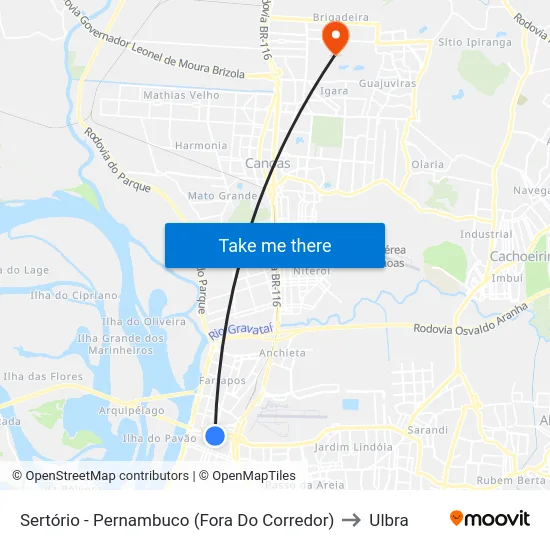 Sertório - Pernambuco (Fora Do Corredor) to Ulbra map