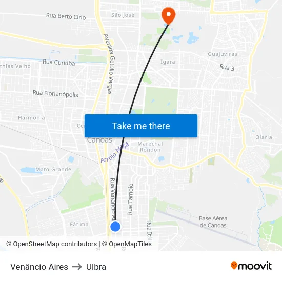 Venâncio Aires to Ulbra map