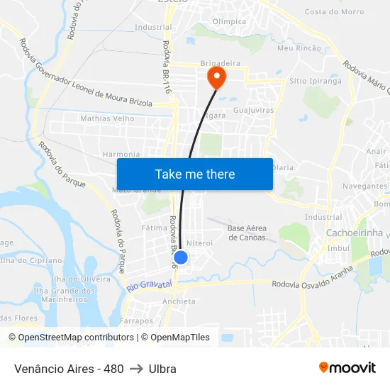 Venâncio Aires - 480 to Ulbra map