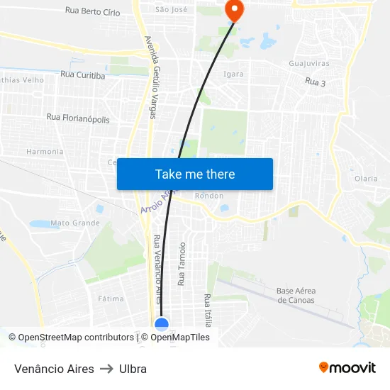 Venâncio Aires to Ulbra map