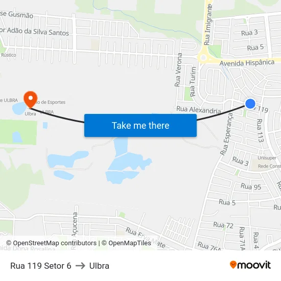 Rua 119 Setor 6 to Ulbra map