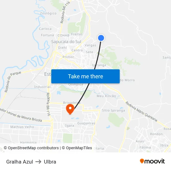 Gralha Azul to Ulbra map