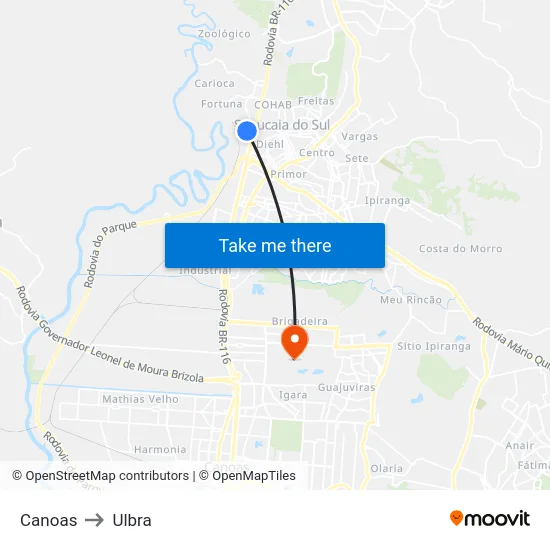 Canoas to Ulbra map