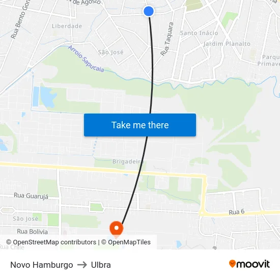 Novo Hamburgo to Ulbra map