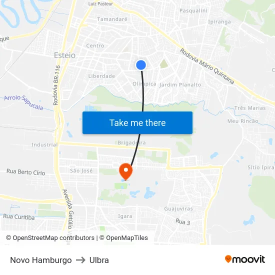 Novo Hamburgo to Ulbra map