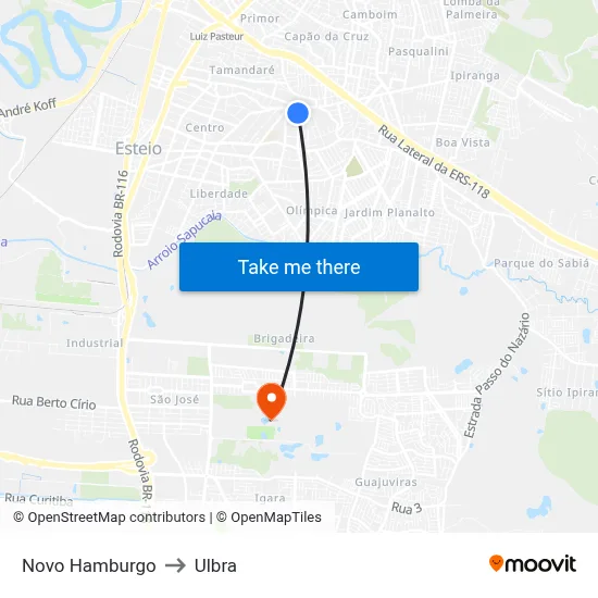 Novo Hamburgo to Ulbra map