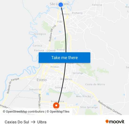 Caxias Do Sul to Ulbra map