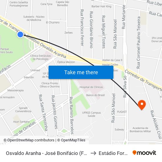 Osvaldo Aranha - José Bonifácio (Fora Do Corredor) to Estádio Força E Luz map