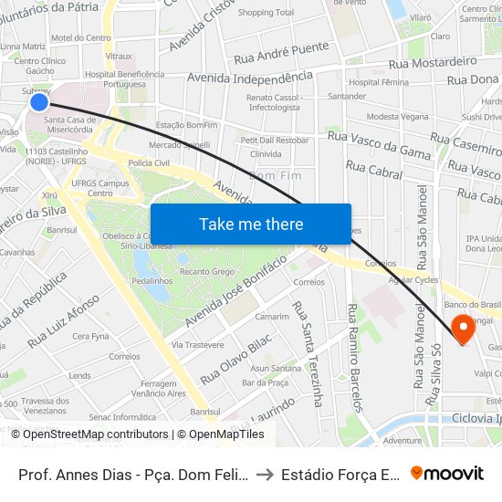 Prof. Annes Dias - Pça. Dom Feliciano to Estádio Força E Luz map