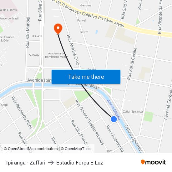 Ipiranga - Zaffari to Estádio Força E Luz map