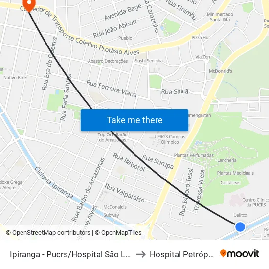 Ipiranga - Pucrs/Hospital São Lucas to Hospital Petrópolis map