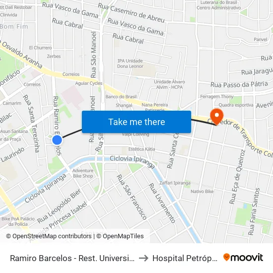 Ramiro Barcelos - Rest. Universitário to Hospital Petrópolis map