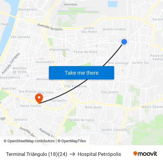 Terminal Triângulo (18)(24) to Hospital Petrópolis map