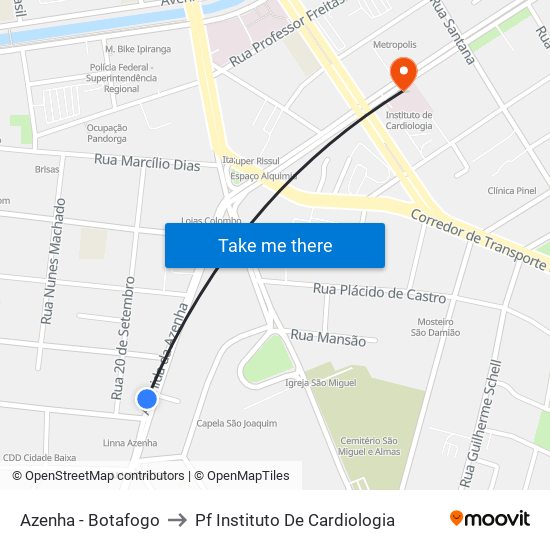 Azenha - Botafogo to Pf Instituto De Cardiologia map