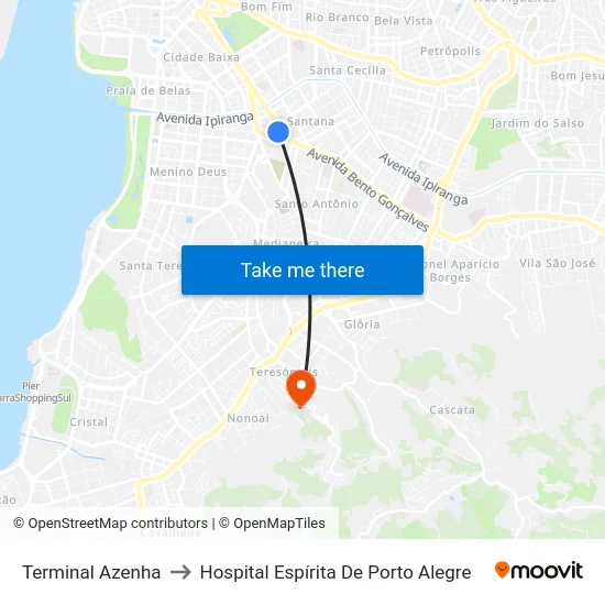 Terminal Azenha to Hospital Espírita De Porto Alegre map