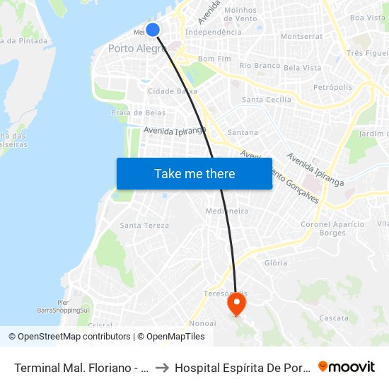 Terminal Mal. Floriano - Mercado to Hospital Espírita De Porto Alegre map