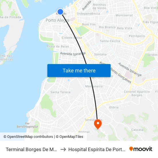 Terminal Borges De Medeiros to Hospital Espírita De Porto Alegre map