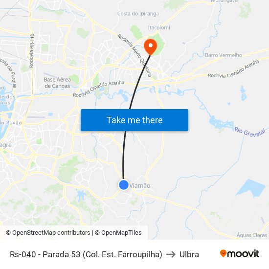 Rs-040 - Parada 53 (Col. Est. Farroupilha) to Ulbra map