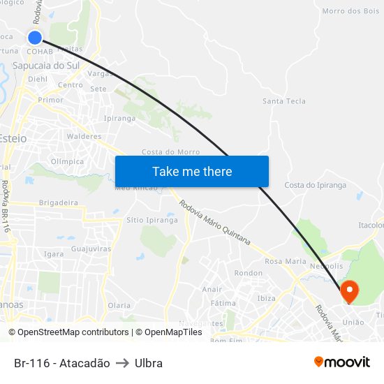 Br-116 - Atacadão to Ulbra map