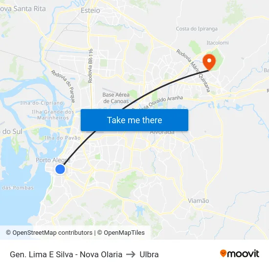 Gen. Lima E Silva - Nova Olaria to Ulbra map