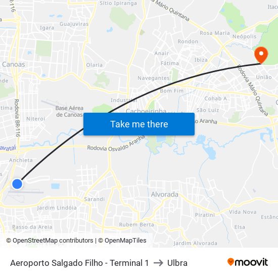 Aeroporto Salgado Filho - Terminal 1 to Ulbra map