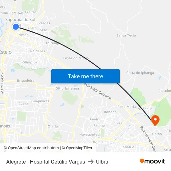 Alegrete - Hospital Getúlio Vargas to Ulbra map