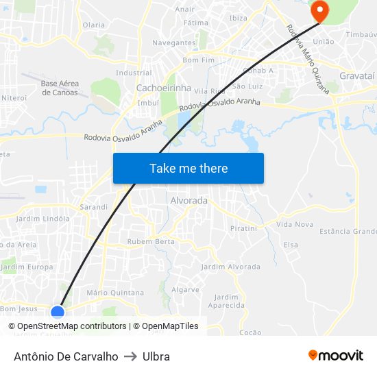 Antônio De Carvalho to Ulbra map