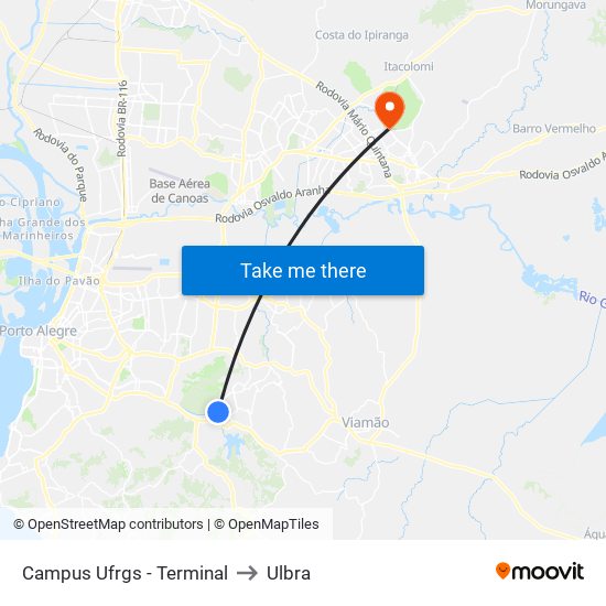 Campus Ufrgs - Terminal to Ulbra map