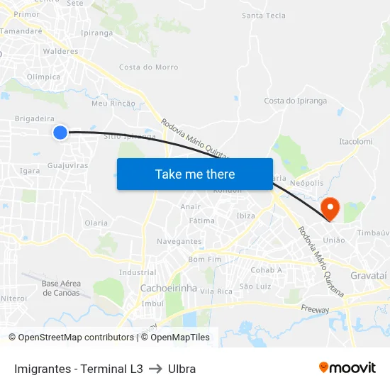 Imigrantes - Terminal L3 to Ulbra map