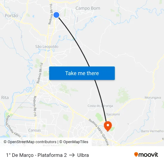 1° De Março - Plataforma 2 to Ulbra map
