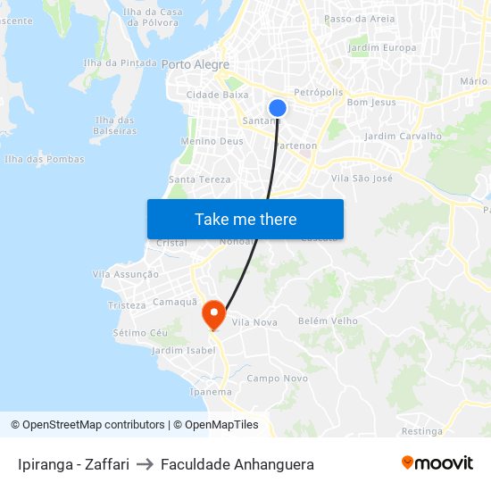 Ipiranga - Zaffari to Faculdade Anhanguera map