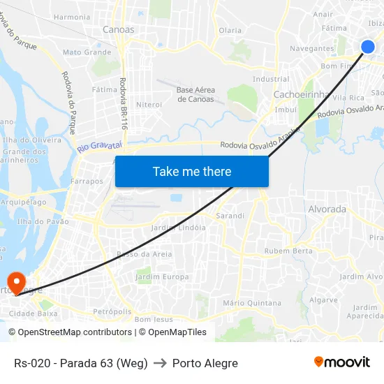 Rs-020 - Parada 63 (Weg) to Porto Alegre map
