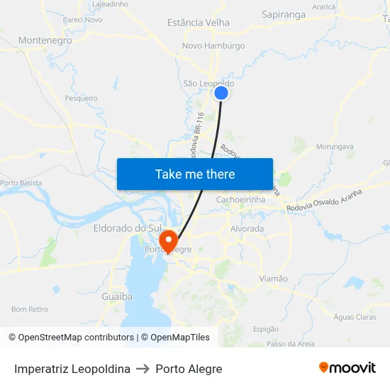 Imperatriz Leopoldina to Porto Alegre map