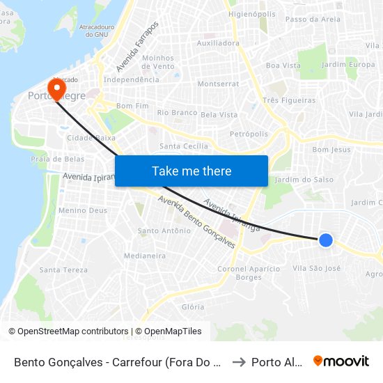 Bento Gonçalves - Carrefour (Fora Do Corredor) to Porto Alegre map