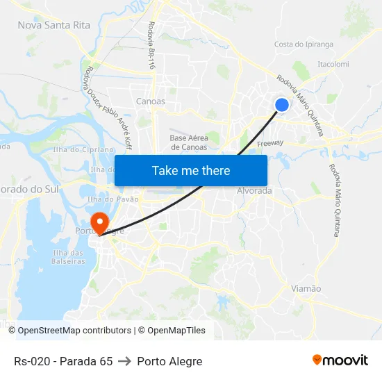 Rs-020 - Parada 65 to Porto Alegre map