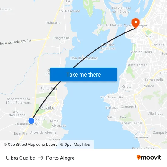 Ulbra Guaíba to Porto Alegre map