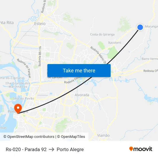 Rs-020 - Parada 92 to Porto Alegre map