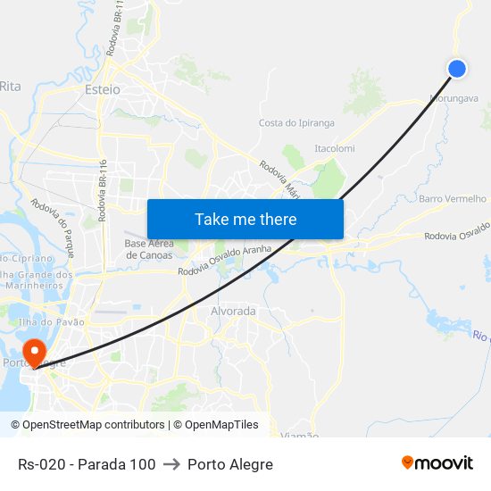 Rs-020 - Parada 100 to Porto Alegre map